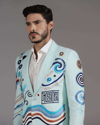 Mint Green Abstract Embroidered Blazer with Ivory Trousers