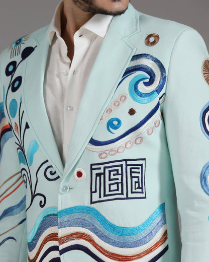 Mint Green Abstract Embroidered Blazer with Ivory Trousers