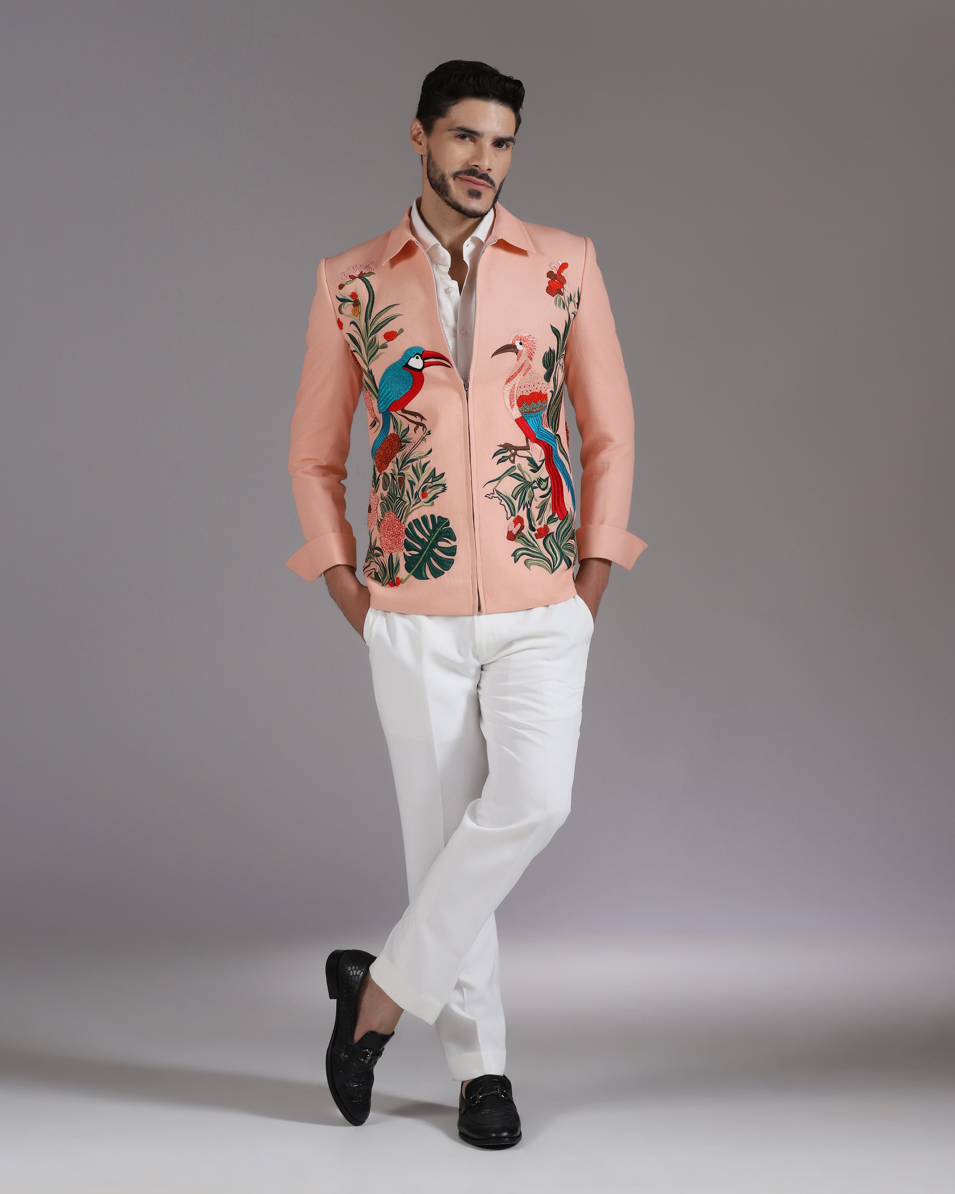 Tropical Bird Embroidered Peach Zipper Blazer with Ivory Trousers