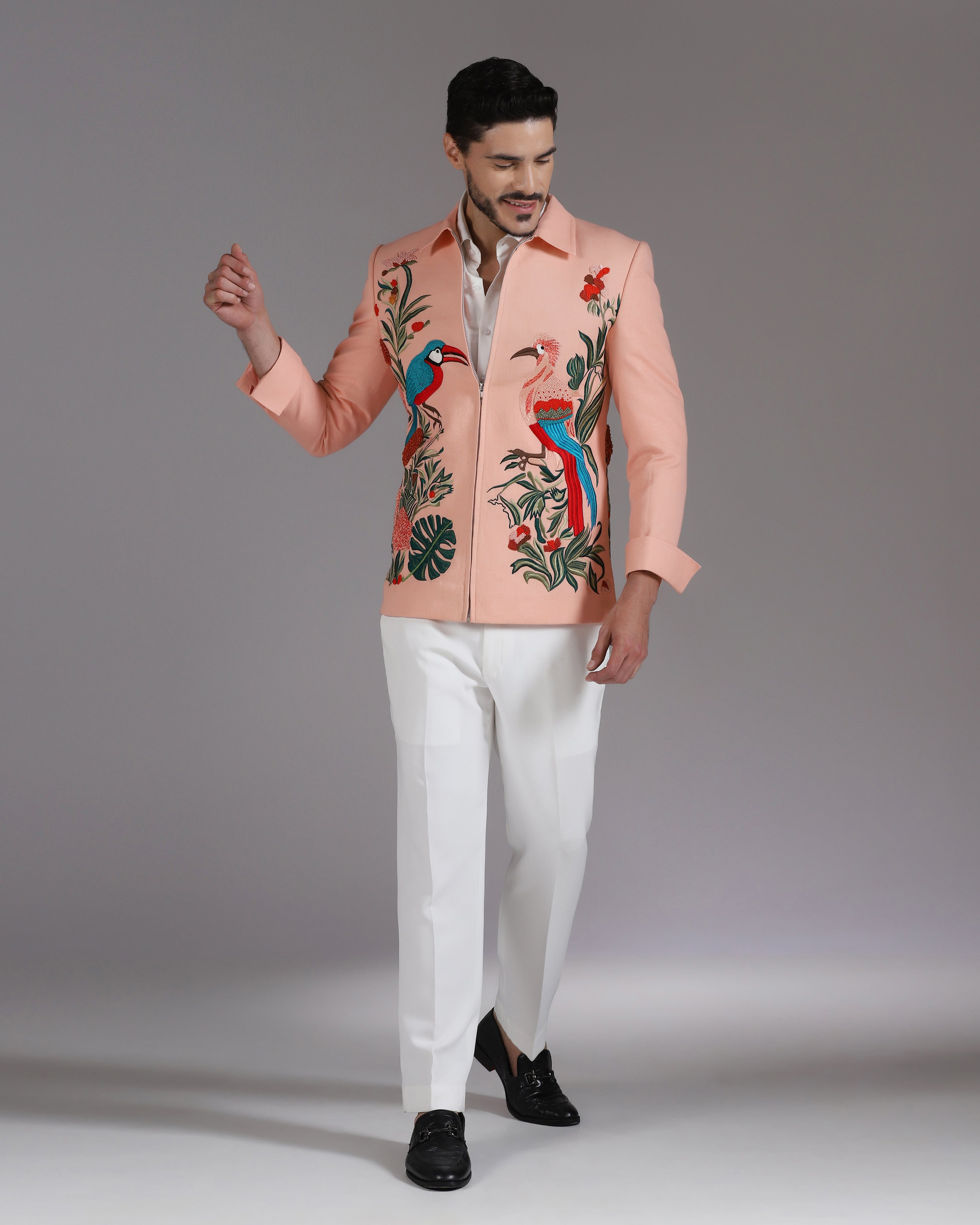 Tropical Bird Embroidered Peach Zipper Blazer with Ivory Trousers