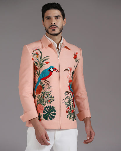 Tropical Bird Embroidered Peach Zipper Blazer with Ivory Trousers