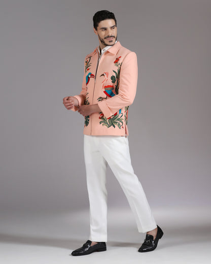 Tropical Bird Embroidered Peach Zipper Blazer with Ivory Trousers