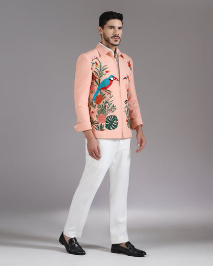Tropical Bird Embroidered Peach Zipper Blazer with Ivory Trousers