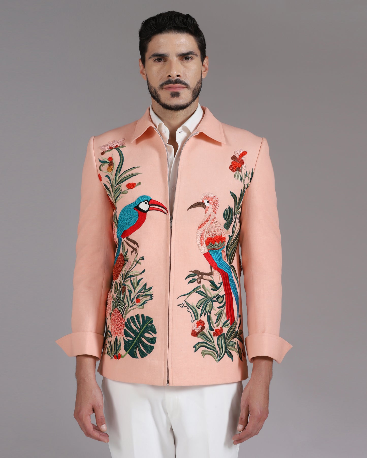 Tropical Bird Embroidered Peach Zipper Blazer with Ivory Trousers