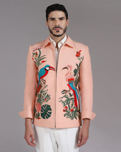 Tropical Bird Embroidered Peach Zipper Blazer with Ivory Trousers
