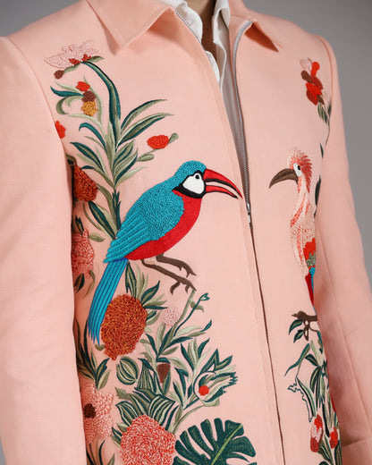Tropical Bird Embroidered Peach Zipper Blazer with Ivory Trousers