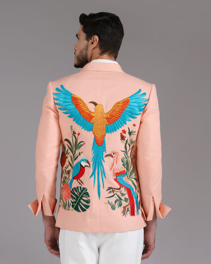 Tropical Bird Embroidered Peach Zipper Blazer with Ivory Trousers