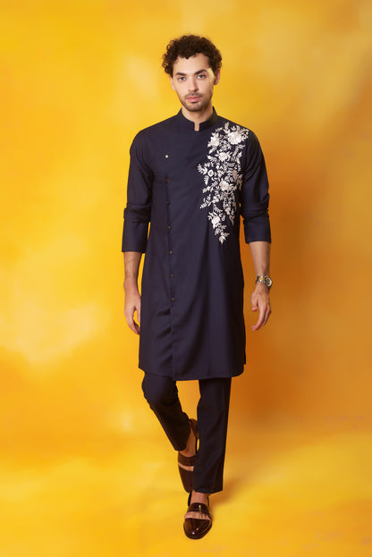 Blue Angrakha embroidered kurta set Indian heritage | Bhavya Bhasin Couture
