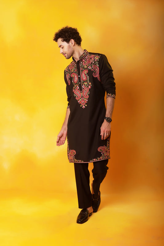 Black Kashmiri embroidered kurta pant Indian festive | Bhavya Bhasin Couture