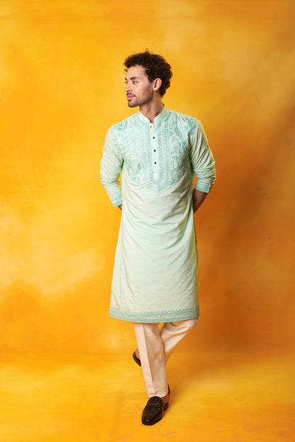 Sea green embroidered kurta and pant festive wear | Bhavya Bhasin Couture