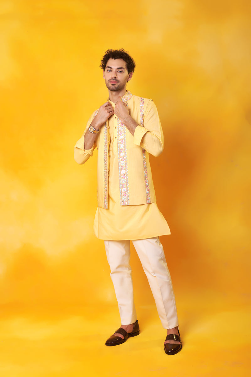 Yellow Kurta and Nehru Jacket with Colourful Embroidery Set