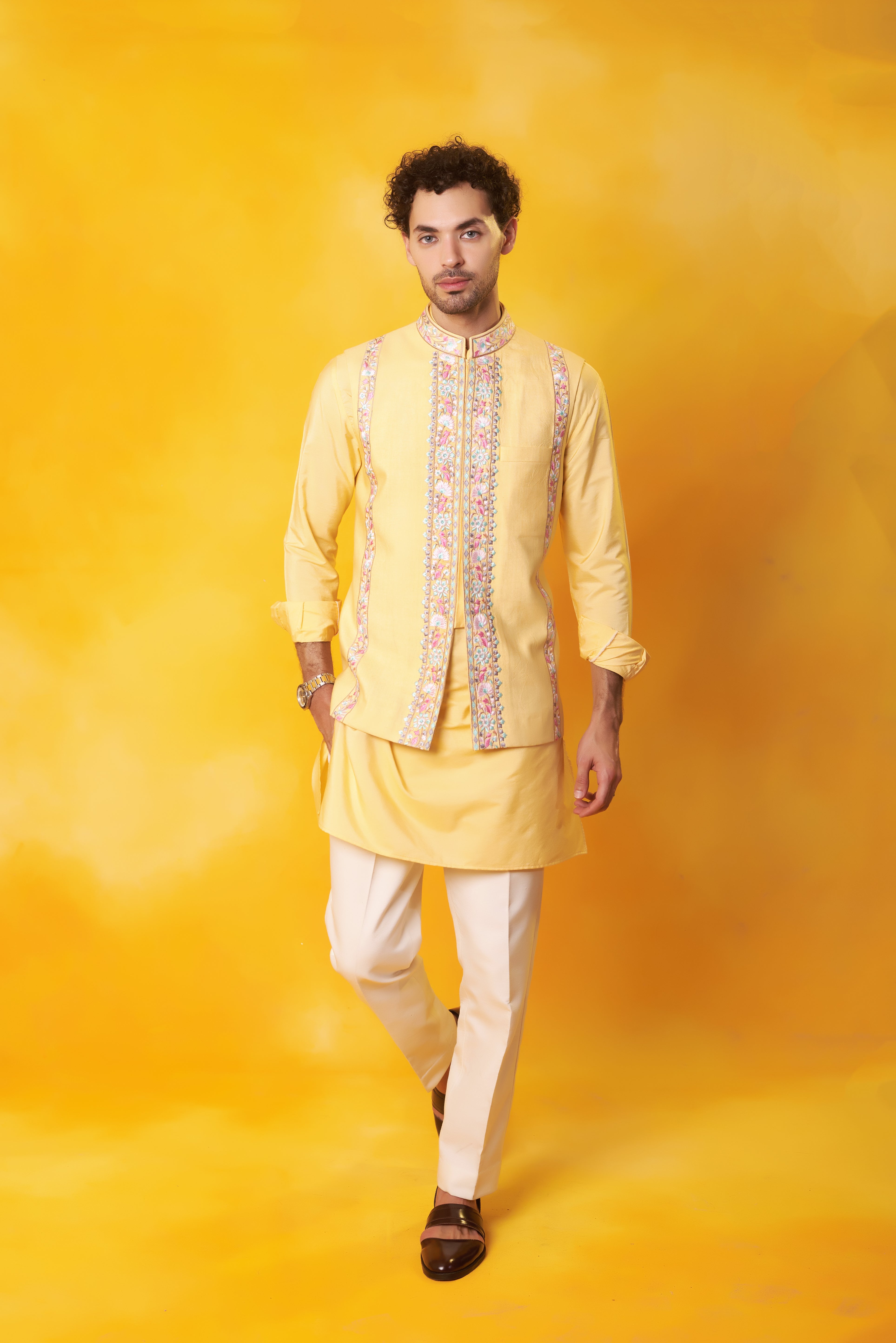 Yellow Kurta and Nehru Jacket with Colourful Embroidery Set