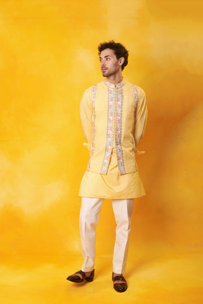 Yellow kurta Nehru jacket colourful embroidery set | Bhavya Bhasin Couture