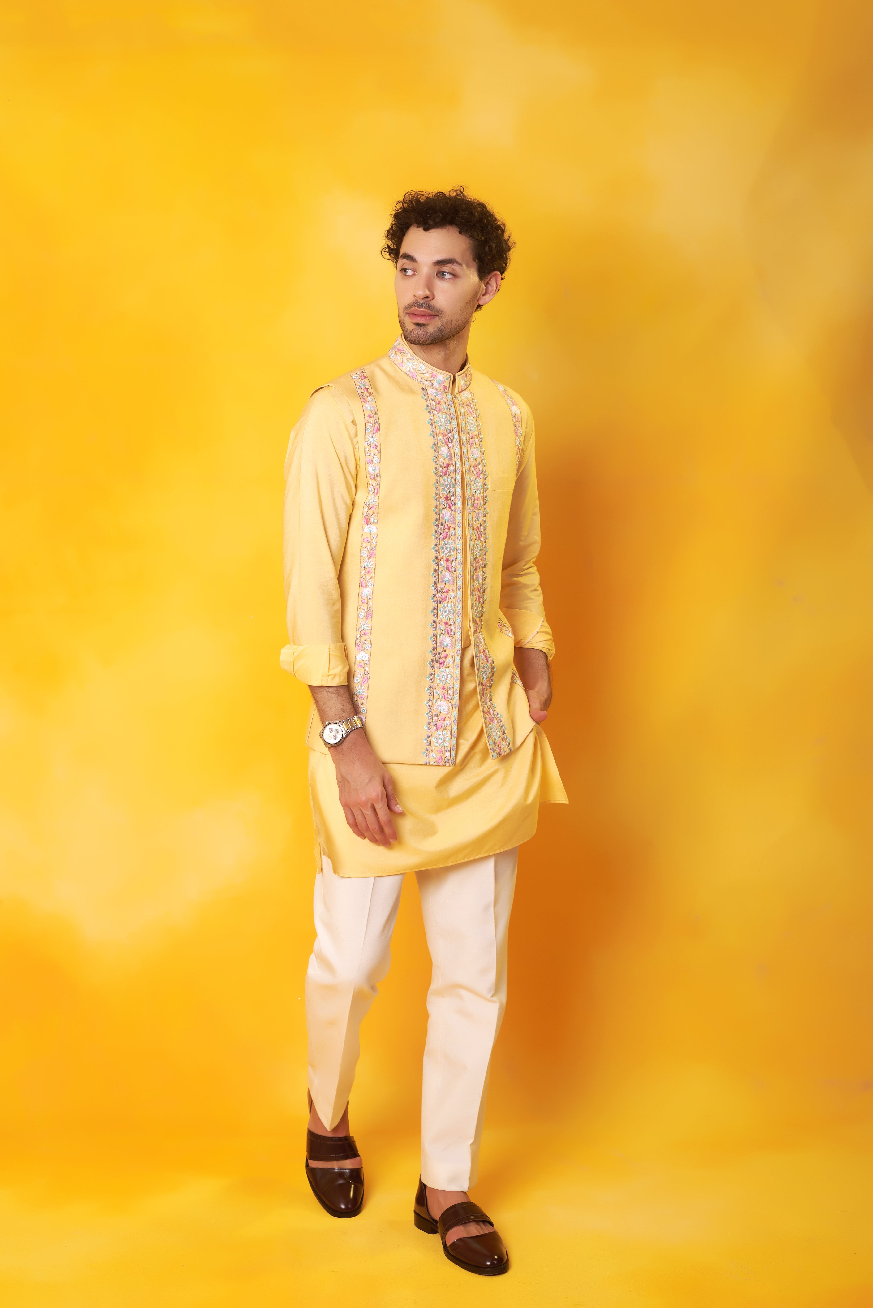 Yellow Kurta and Nehru Jacket with Colourful Embroidery Set