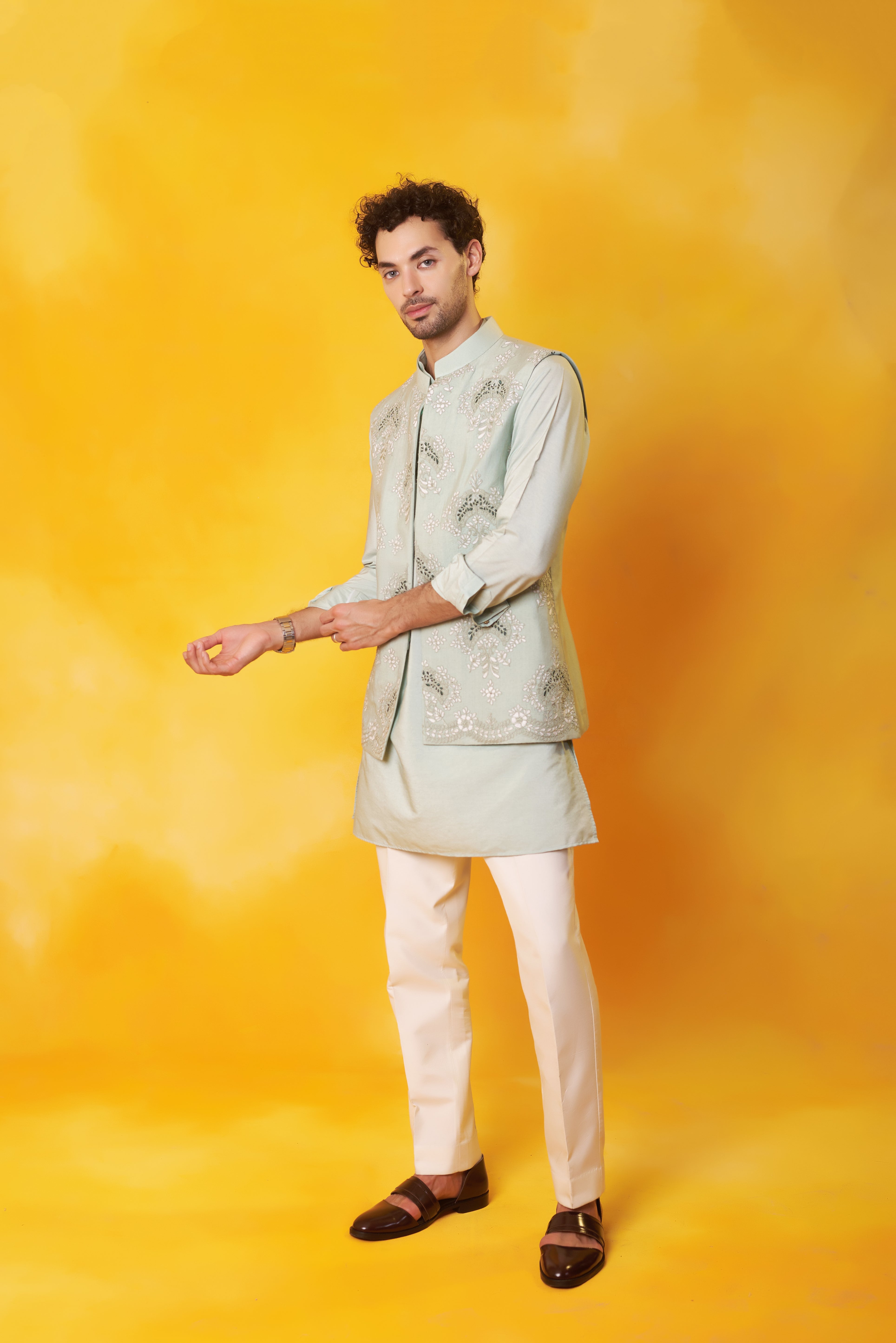 Grey Kurta and Nehru Jacket with Dori Embroidery with Ivory Trouser