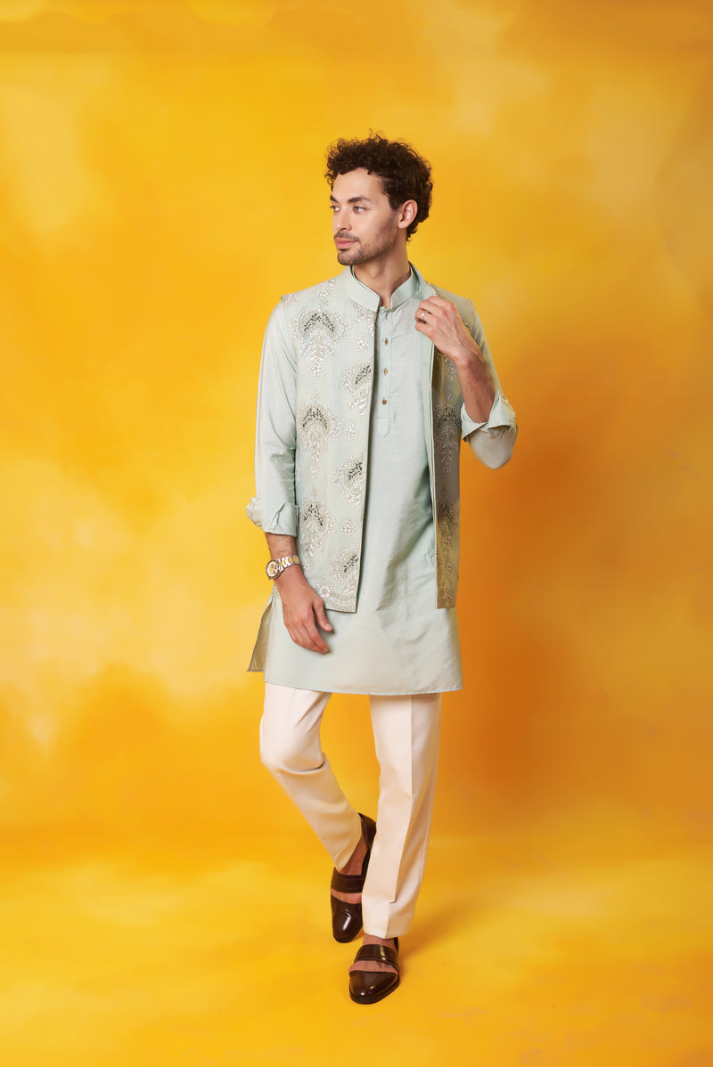 Grey Kurta and Nehru Jacket with Dori Embroidery with Ivory Trouser