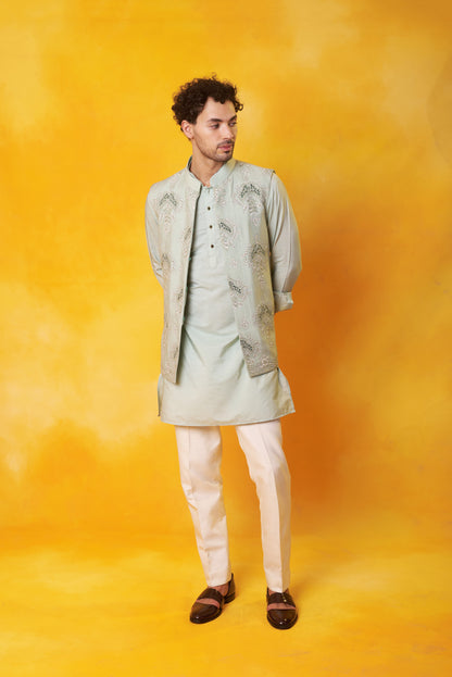 Grey kurta Nehru jacket Dori embroidery ivory trouser | Bhavya Bhasin Couture