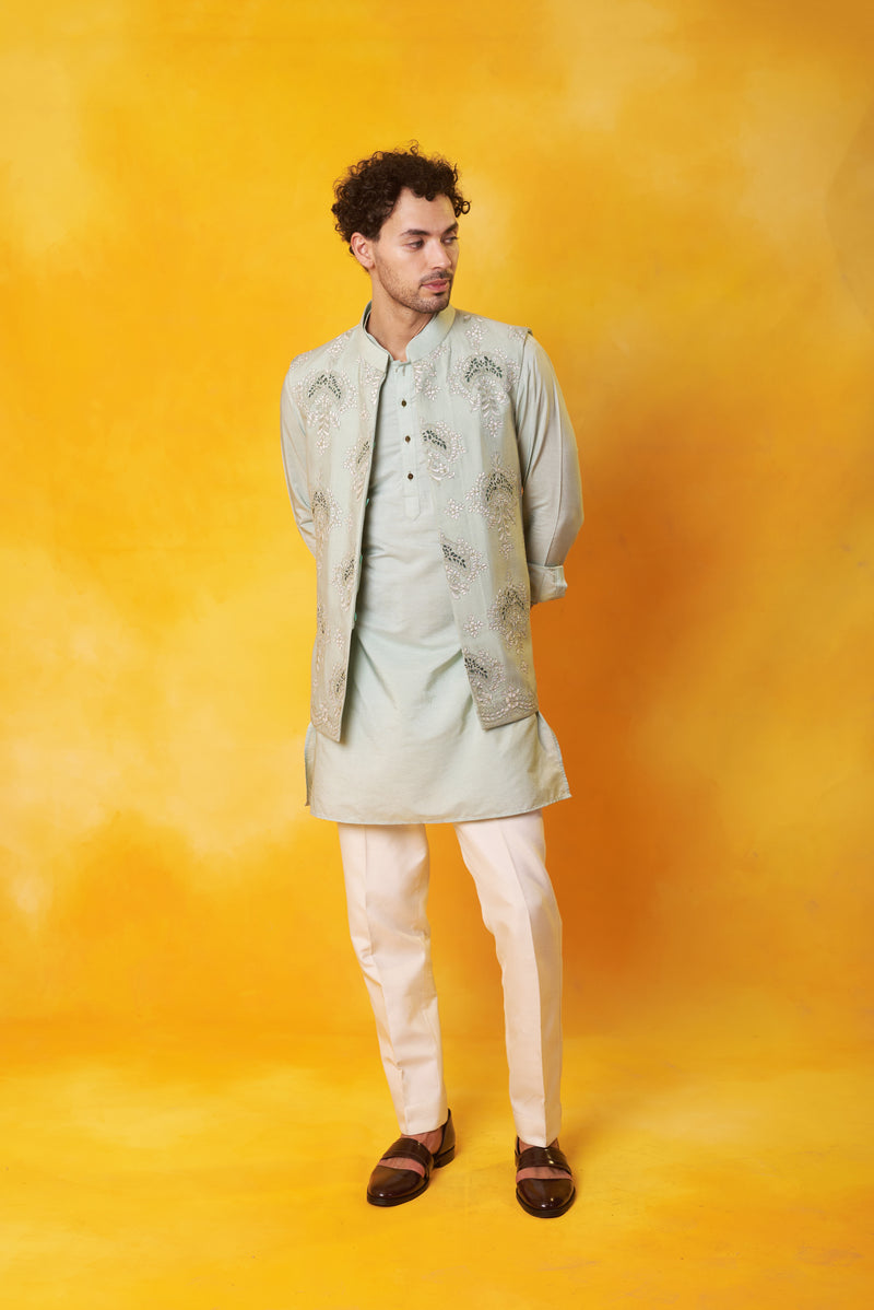 Grey Kurta and Nehru Jacket with Dori Embroidery with Ivory Trouser