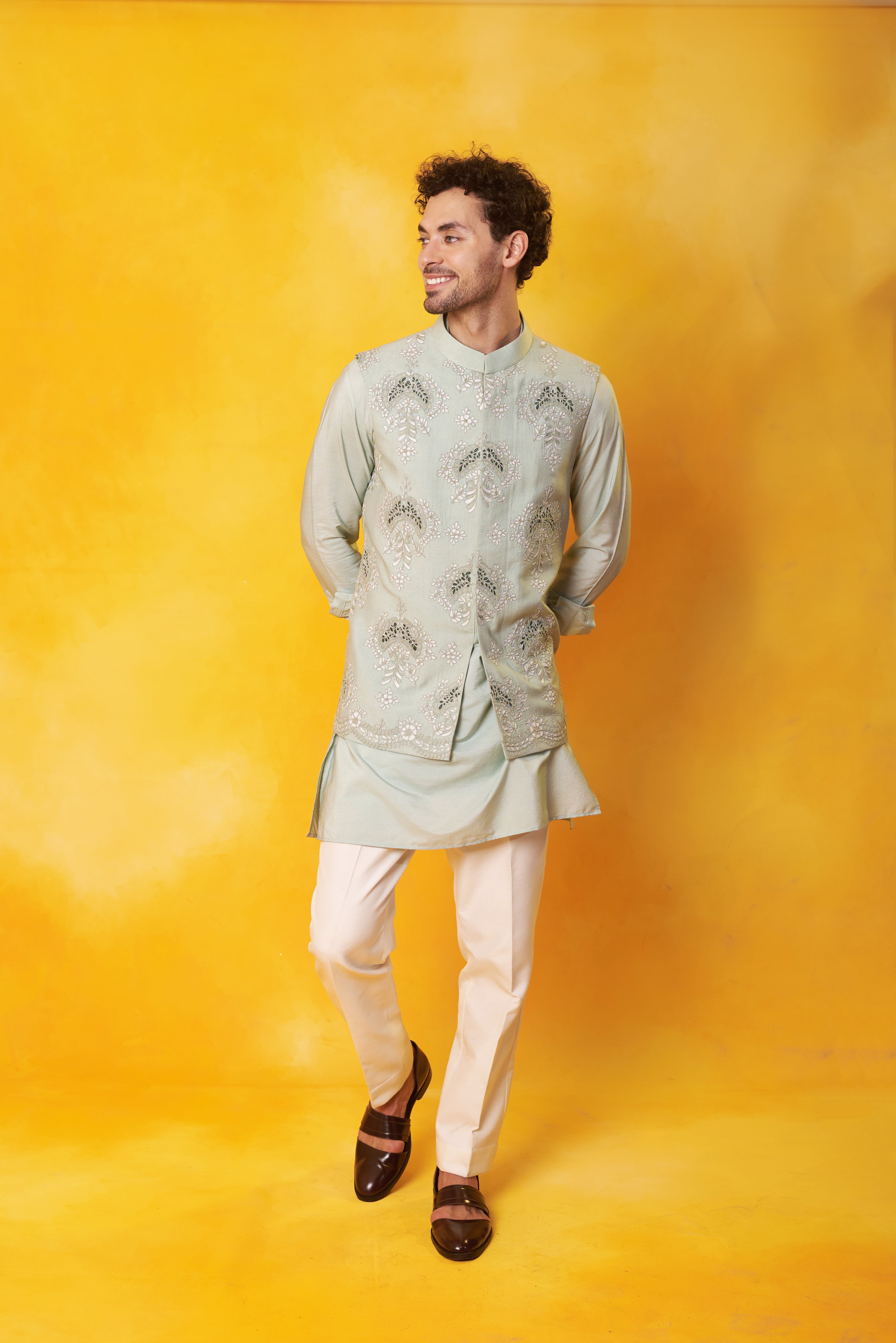 Grey Kurta and Nehru Jacket with Dori Embroidery with Ivory Trouser