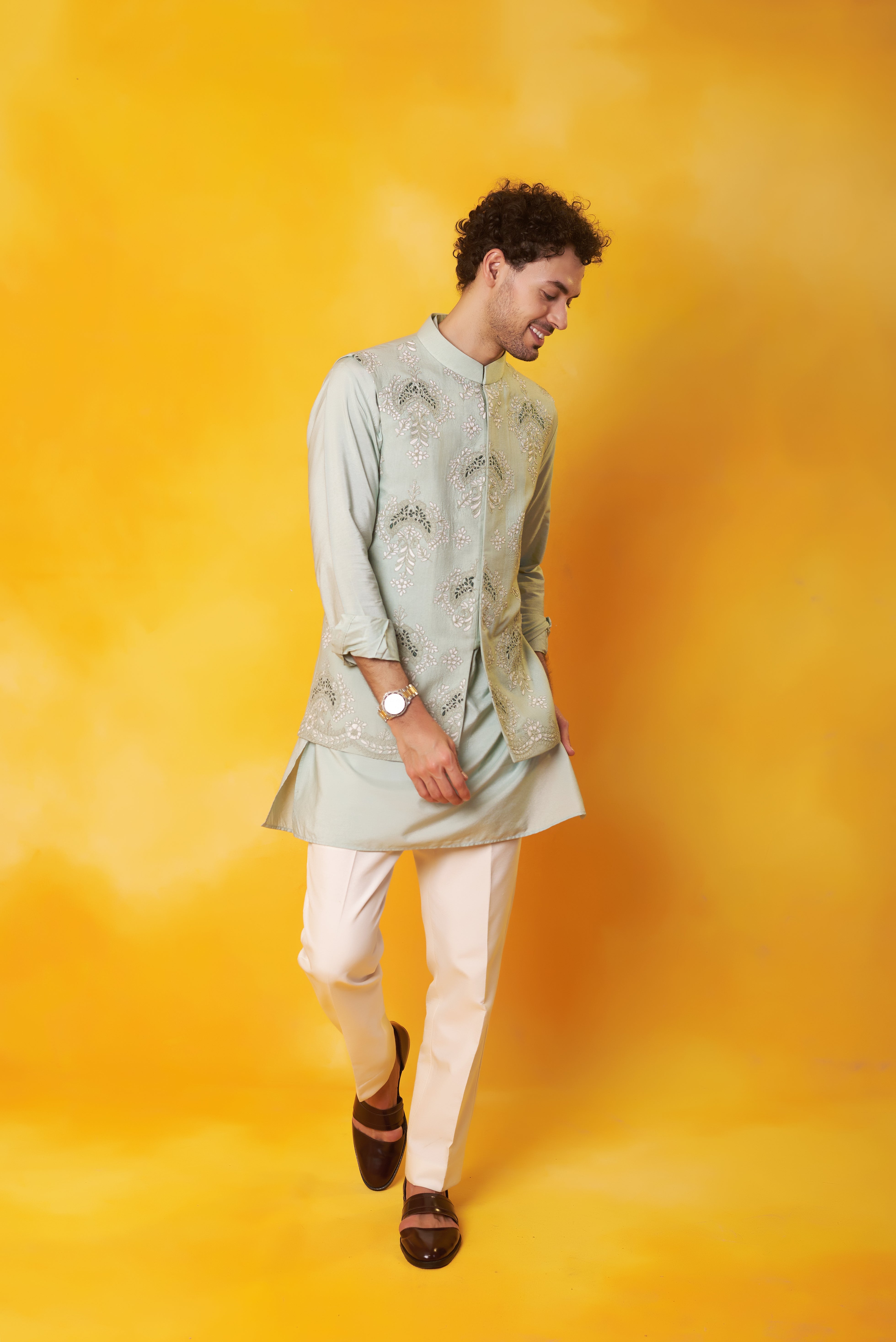 Grey Kurta and Nehru Jacket with Dori Embroidery with Ivory Trouser