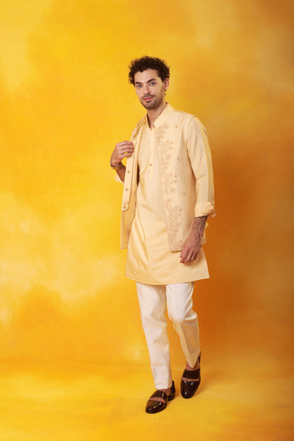 Peach Kurta and Nehru Jacket with Tone on Tone Dori Embroidery with Ivory Trouser