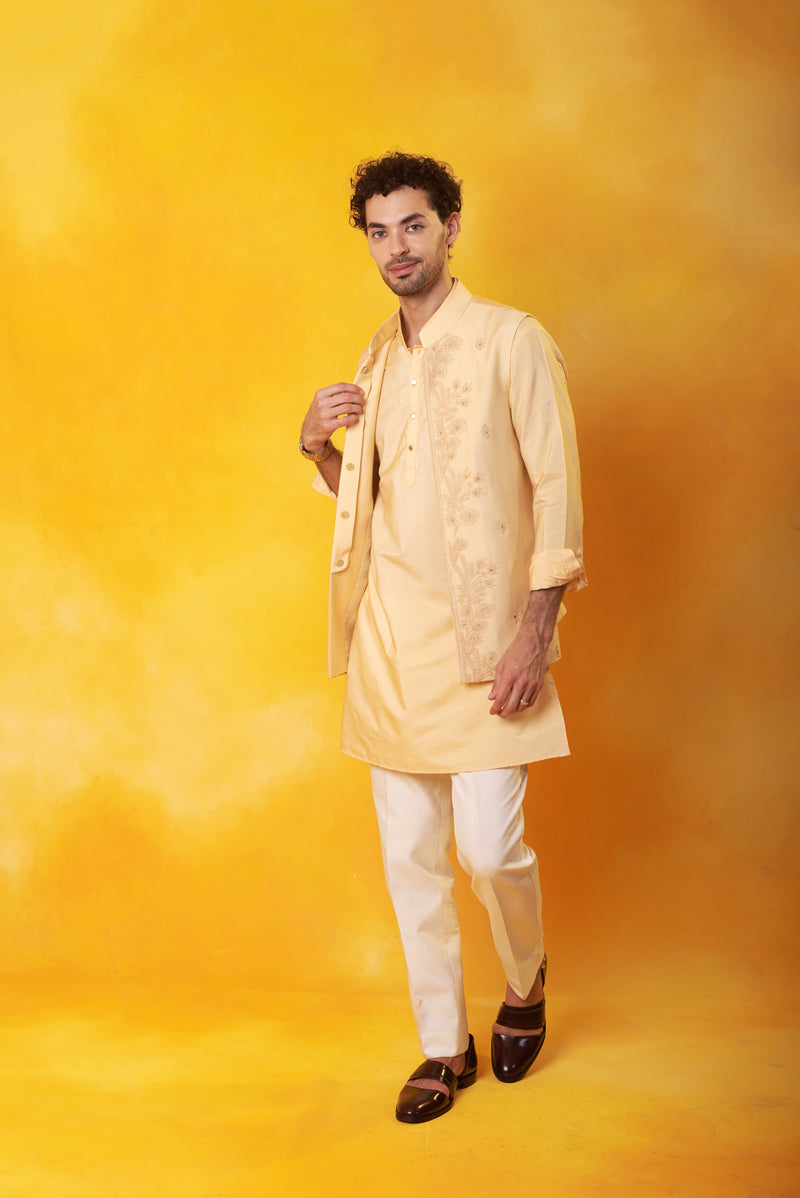 Peach Kurta and Nehru Jacket with Tone on Tone Dori Embroidery with Ivory Trouser