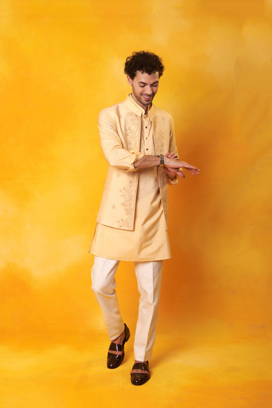 Peach kurta Nehru jacket tone-on-tone Dori embroidery | Bhavya Bhasin Couture