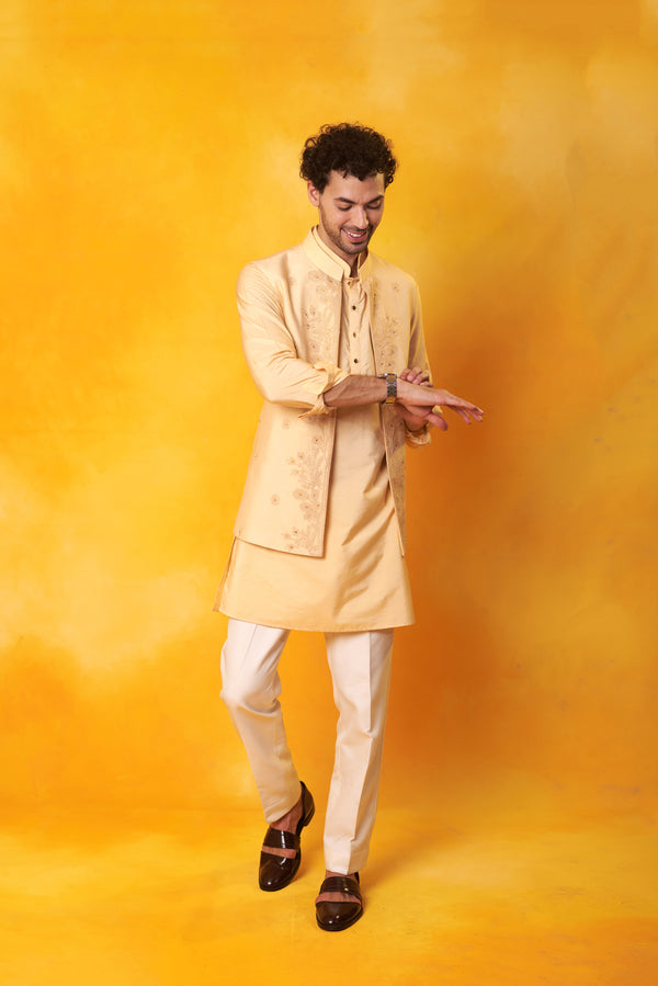 Peach Kurta and Nehru Jacket with Tone on Tone Dori Embroidery with Ivory Trouser