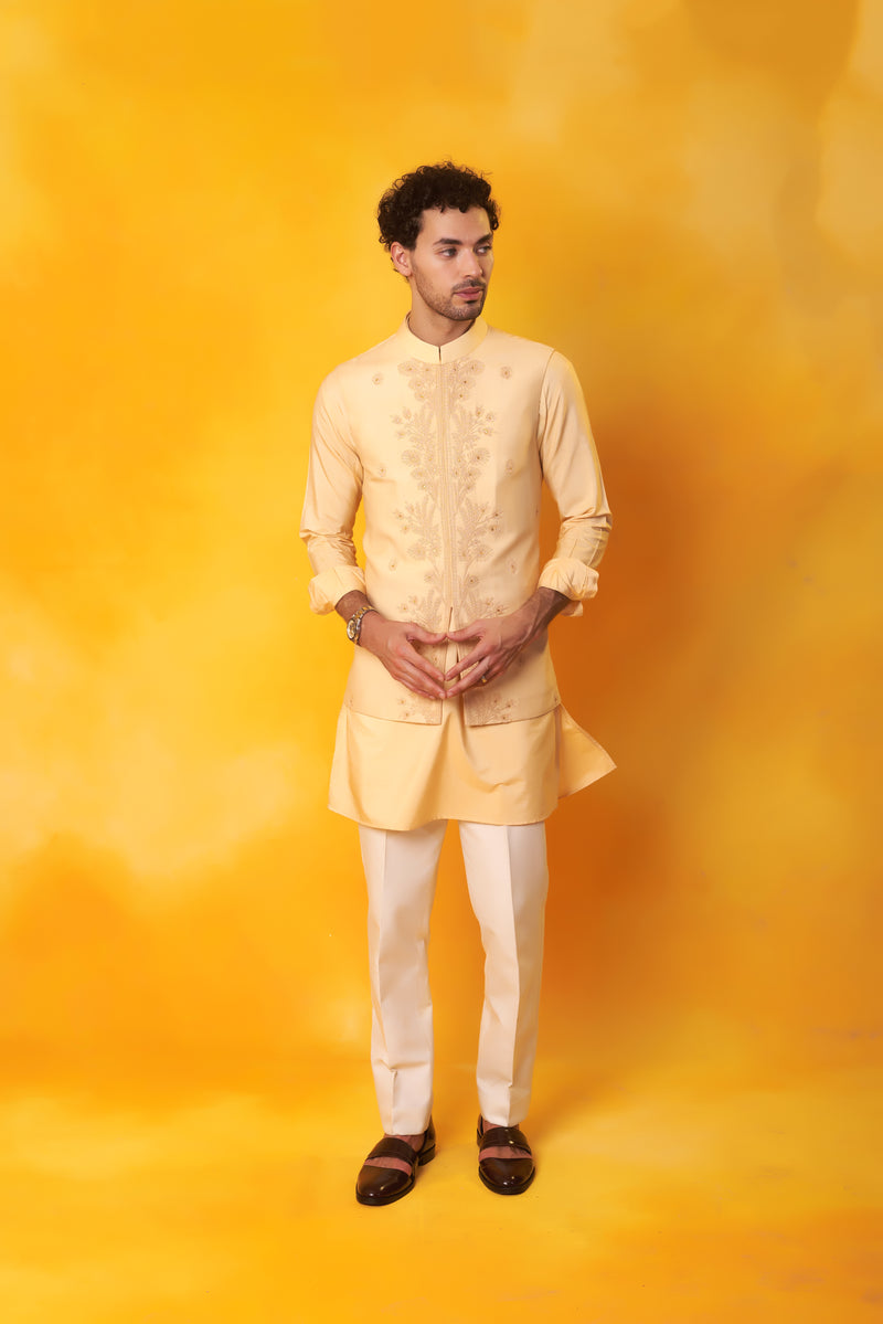 Peach Kurta and Nehru Jacket with Tone on Tone Dori Embroidery with Ivory Trouser