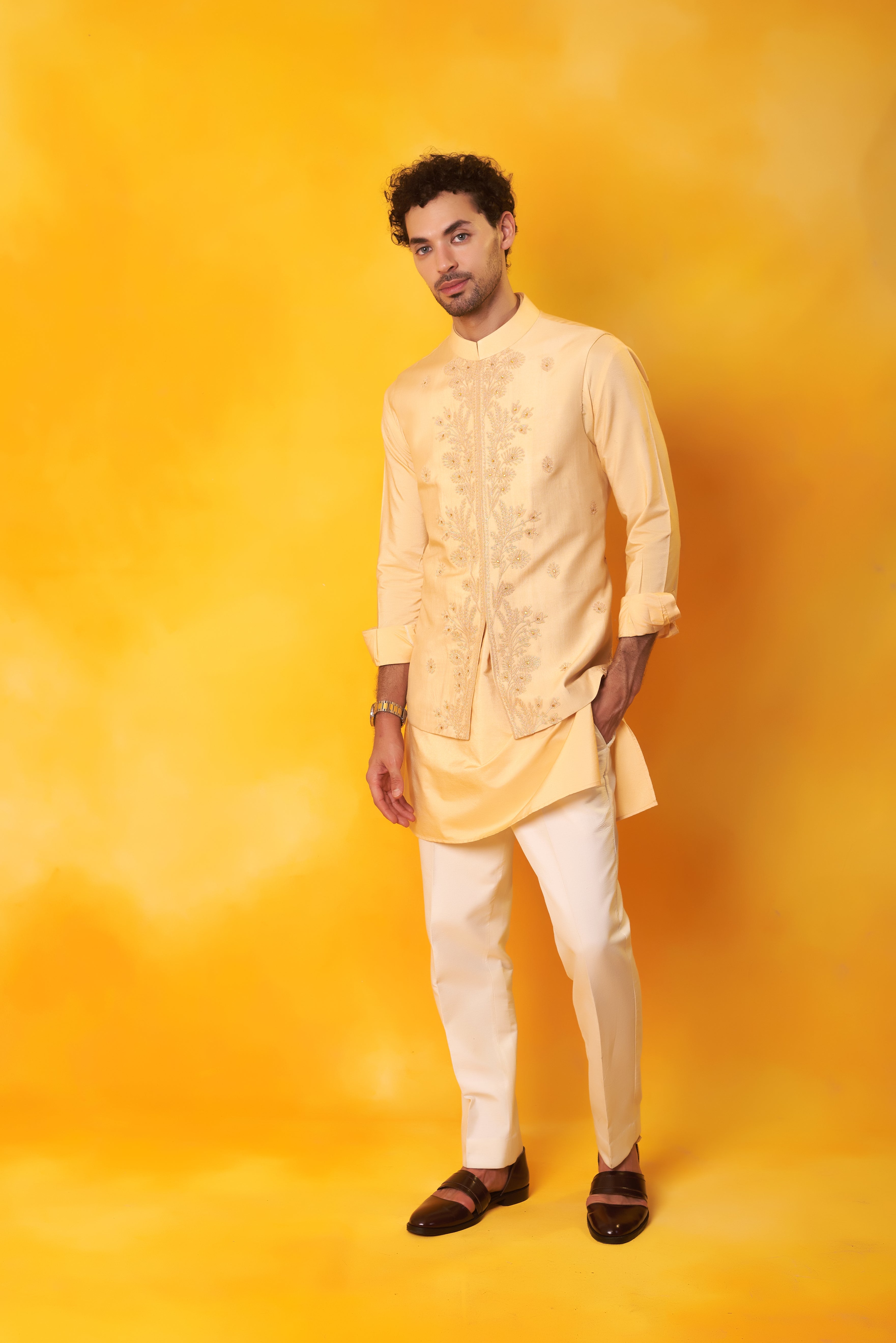 Peach Kurta and Nehru Jacket with Tone on Tone Dori Embroidery with Ivory Trouser