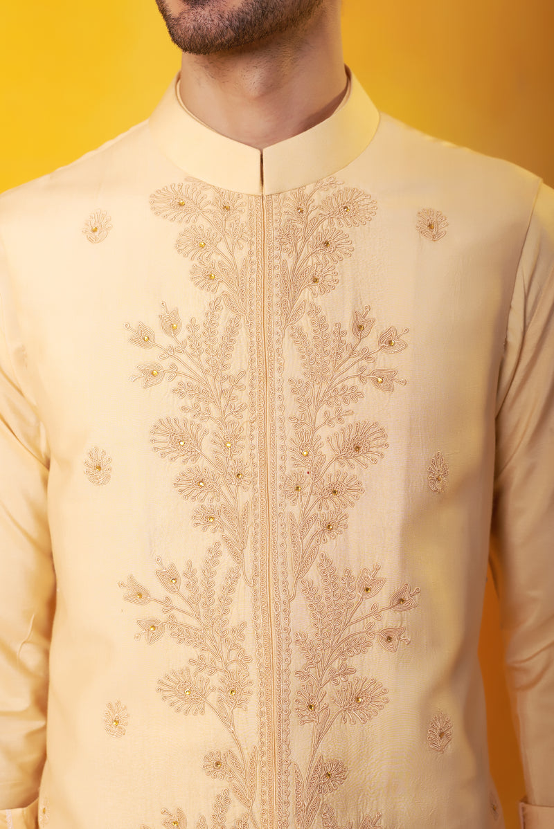 Peach Kurta and Nehru Jacket with Tone on Tone Dori Embroidery with Ivory Trouser