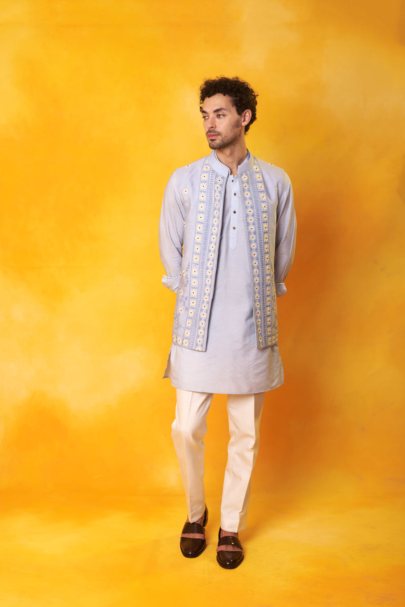 Sky Blue kurta and Nehru Jacket with Dori Embroidery with Ivory Trouser