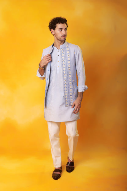 Sky blue kurta Nehru jacket Dori embroidery ivory trouser | Bhavya Bhasin Couture