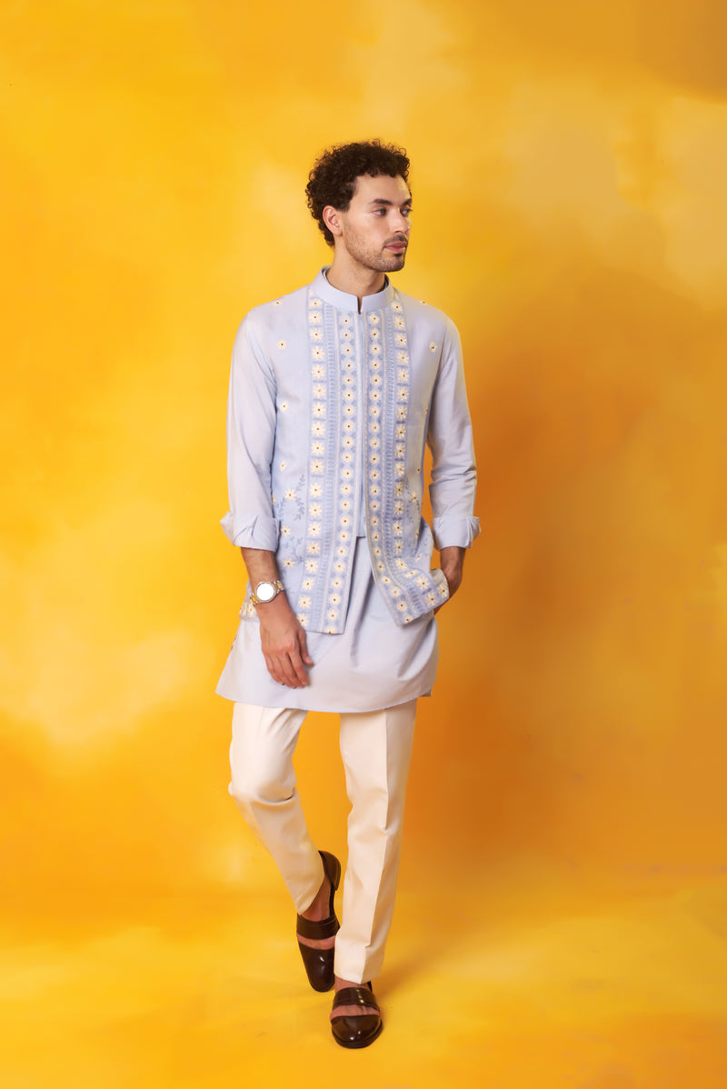 Sky Blue kurta and Nehru Jacket with Dori Embroidery with Ivory Trouser