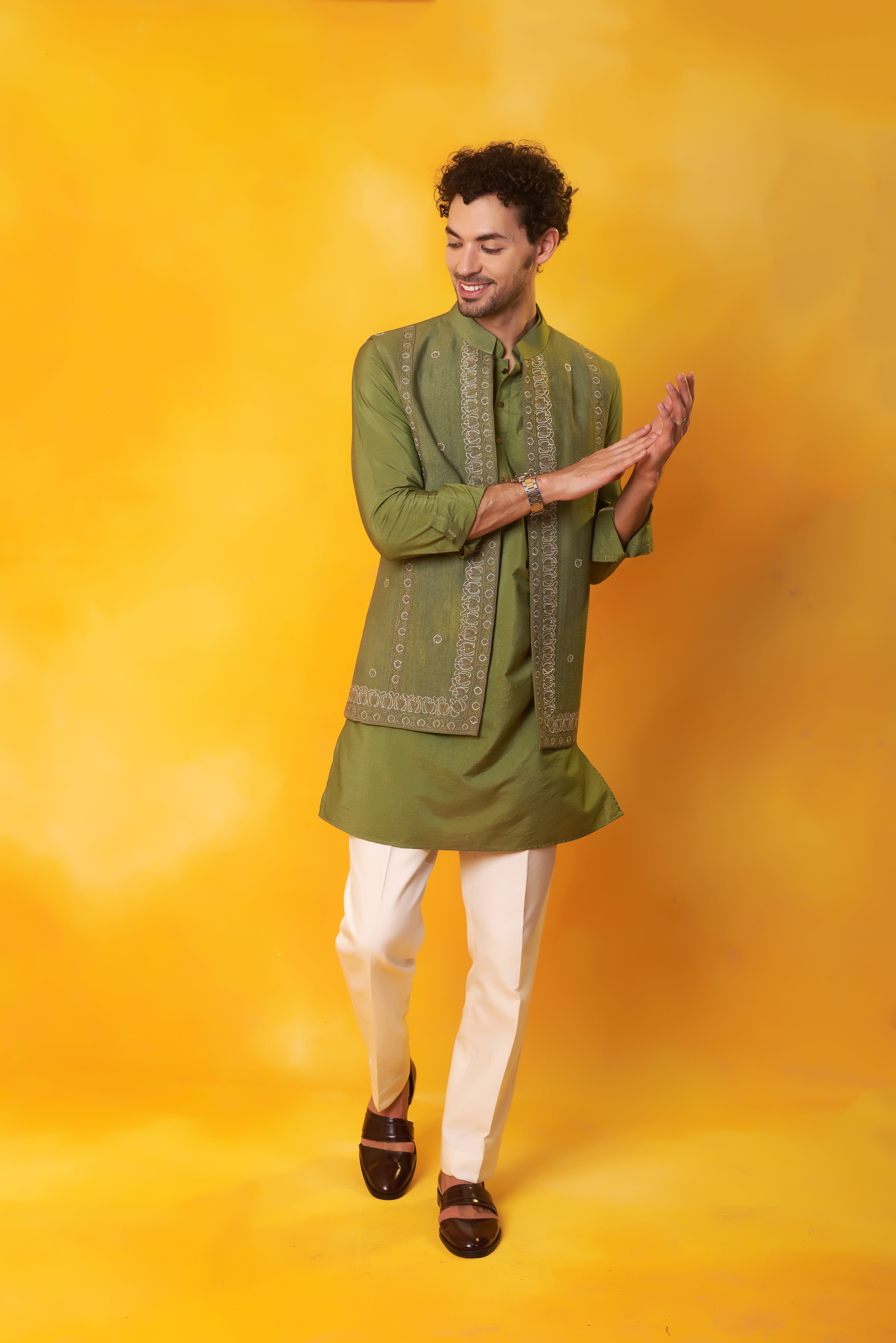 Green Kurta and Nehru Jacket with Dori Embroidery with Ivory Trouser