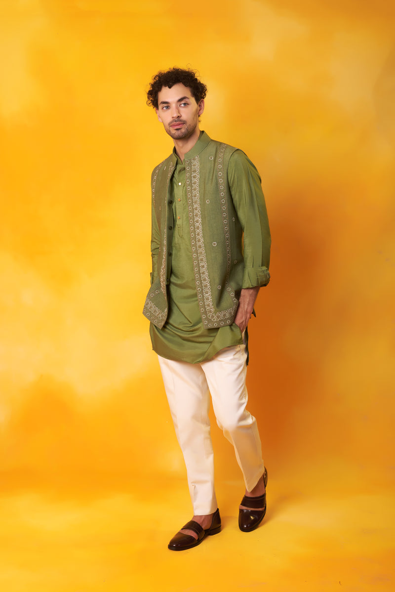 Green Kurta and Nehru Jacket with Dori Embroidery with Ivory Trouser