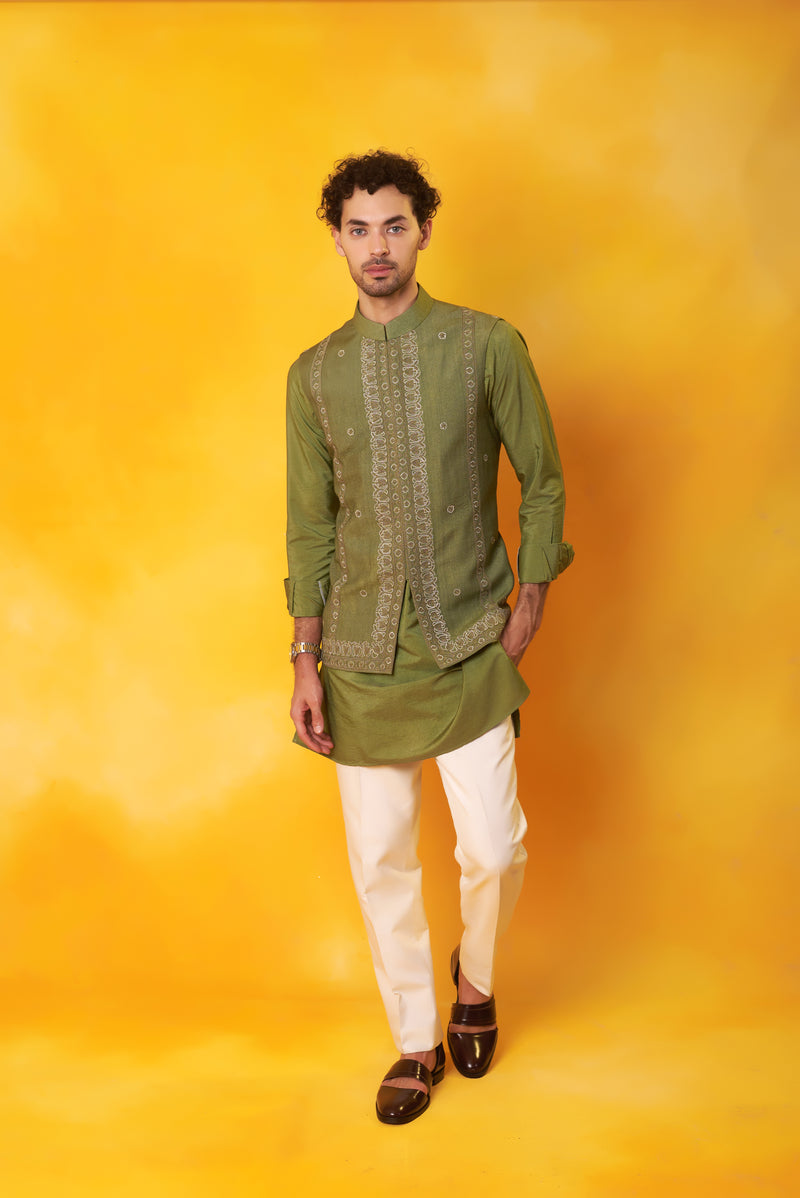 Green Kurta and Nehru Jacket with Dori Embroidery with Ivory Trouser