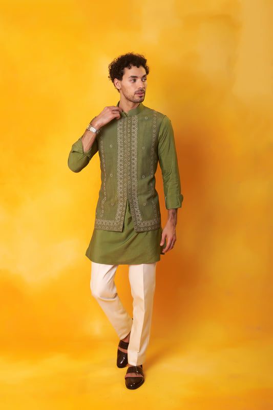 Green kurta Nehru jacket Dori embroidery ivory trouser | Bhavya Bhasin Couture