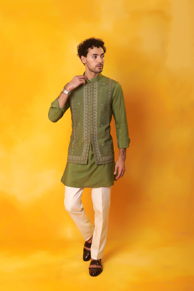 Green Kurta and Nehru Jacket with Dori Embroidery with Ivory Trouser