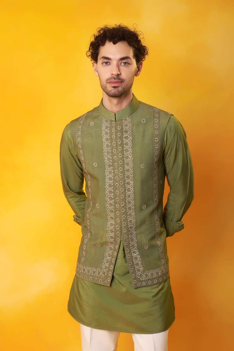 Green Kurta and Nehru Jacket with Dori Embroidery with Ivory Trouser