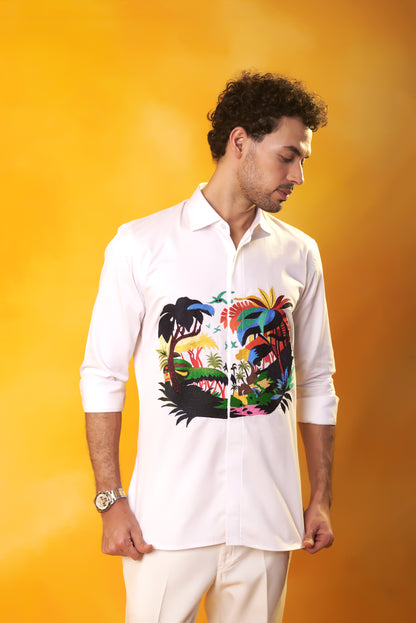 White embroidered beach resort shirt luxury | Bhavya Bhasin Couture