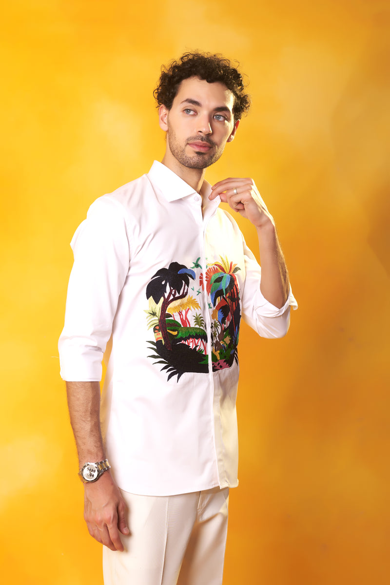 White Embroidered Beach Shirt