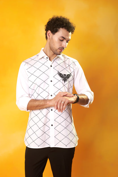White shirt with bird embroidery artisan luxury | Bhavya Bhasin Couture