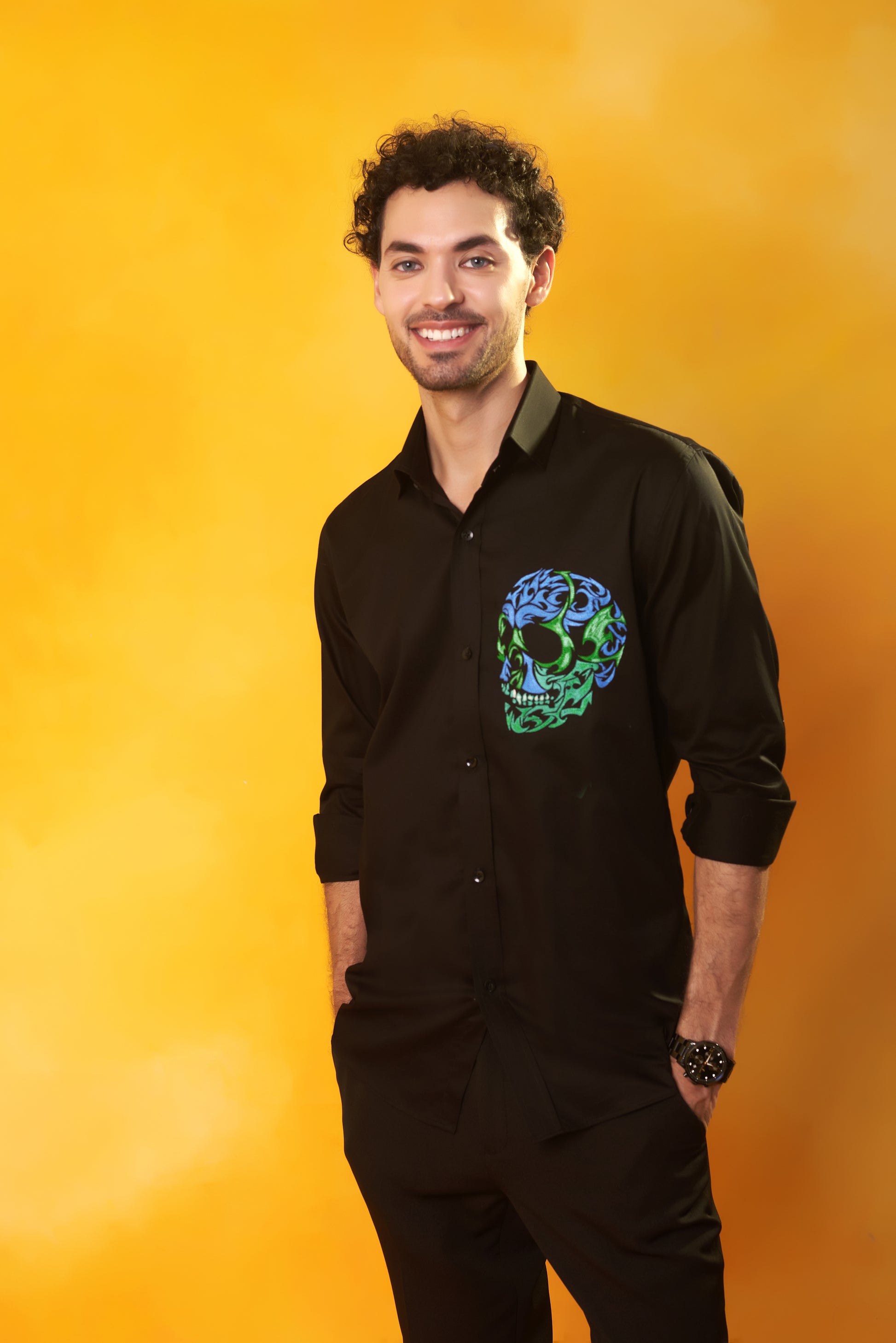 Black shirt with multicolour skull embroidery | Bhavya Bhasin Couture