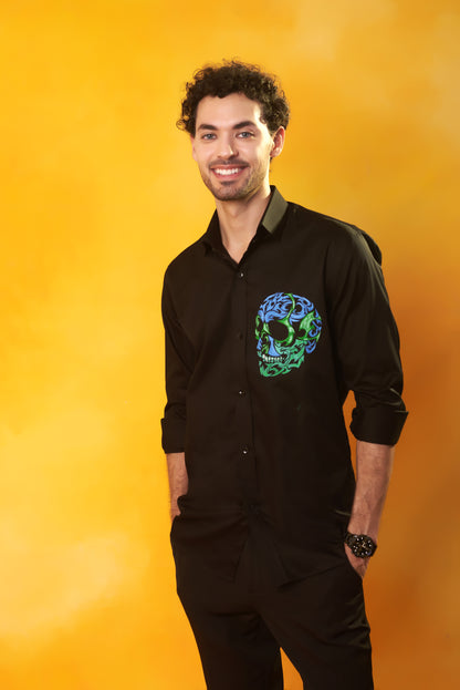 Black shirt with multicolour skull embroidery | Bhavya Bhasin Couture
