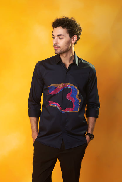 Navy blue shirt with abstract face embroidery | Bhavya Bhasin Couture