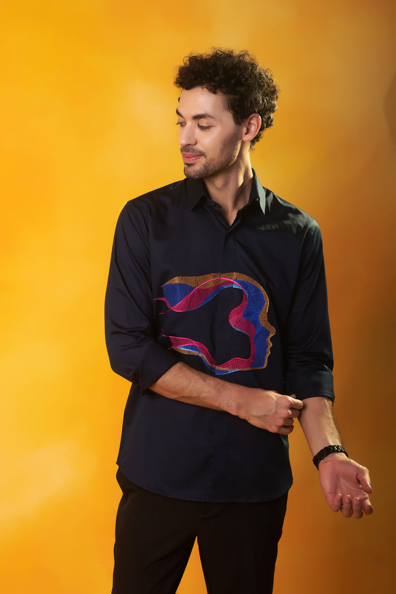 Navy Blue Shirt with Abstract Face