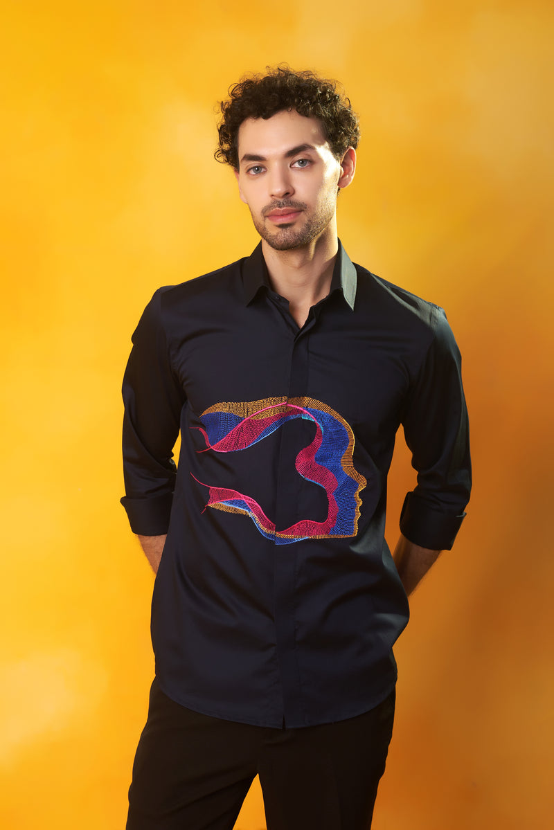 Navy Blue Shirt with Abstract Face