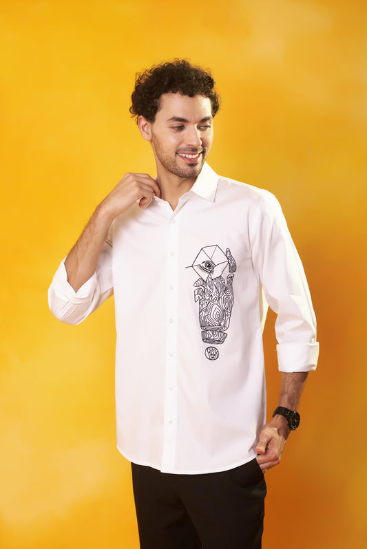 White abstract machine embroidery shirt luxury | Bhavya Bhasin Couture