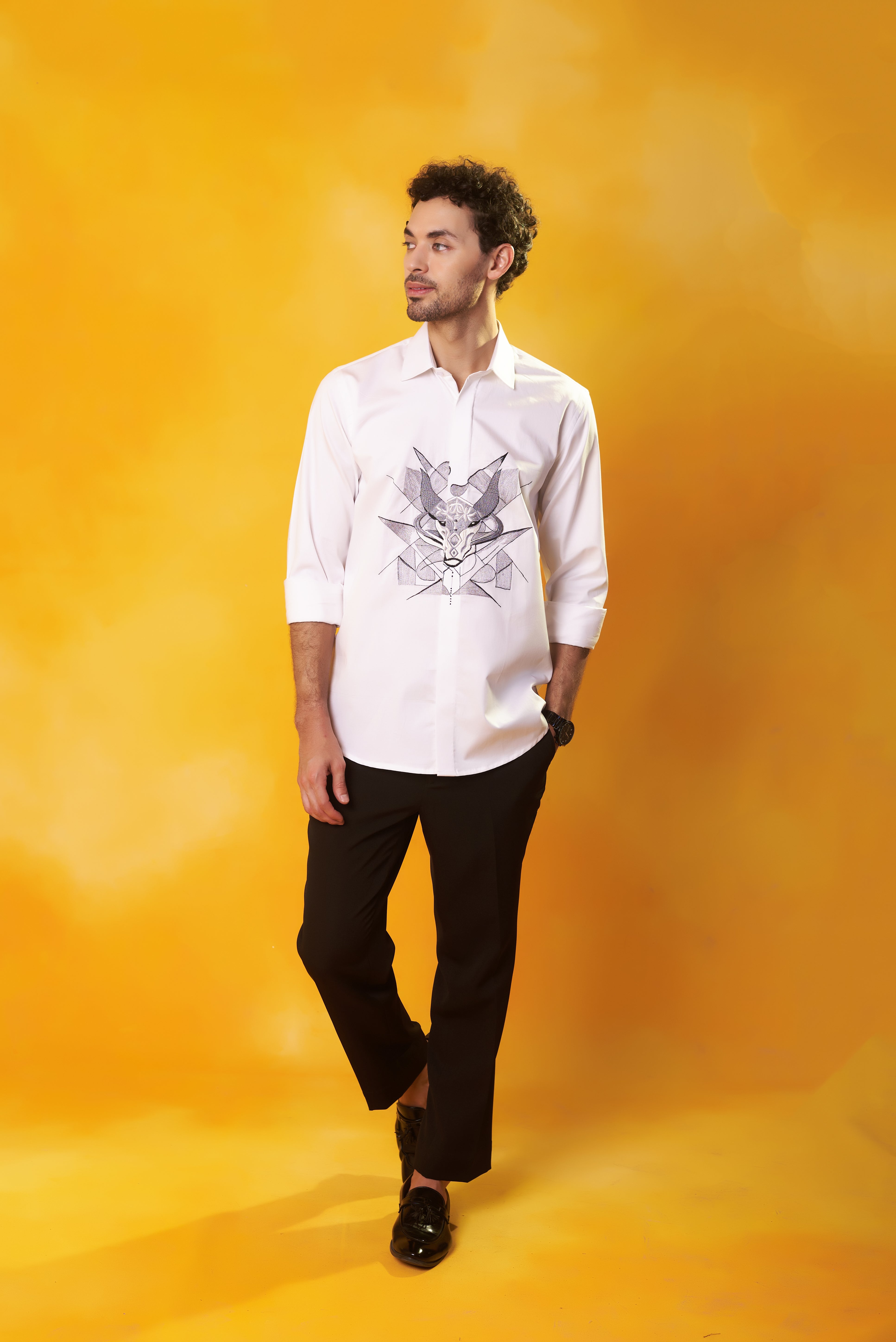 White Shirt with Bull Embroidery Abstract